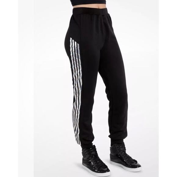 balera Pants - Balera Black Reflective Striped Elastic Waist Tapered Ankle Jogger Pants Size M